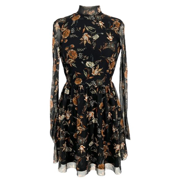 Altar'd State Floral High Neck Mesh Tiered Mini Dress Black Rust Size Medium - Picture 1 of 10